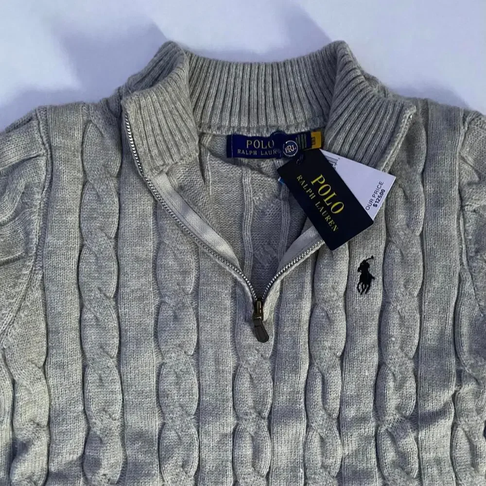 Polo Ralph Lauren grey cable knit cotton quarter zip sweater